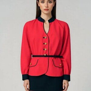 Vintage 80s Dani Max Red Black Gold Military Belted Blazer Dress Jacket XL 14